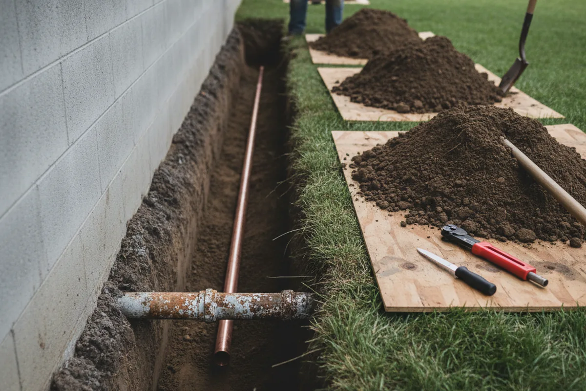Excavated water line trench during Water Softener Installation in Bat Cave